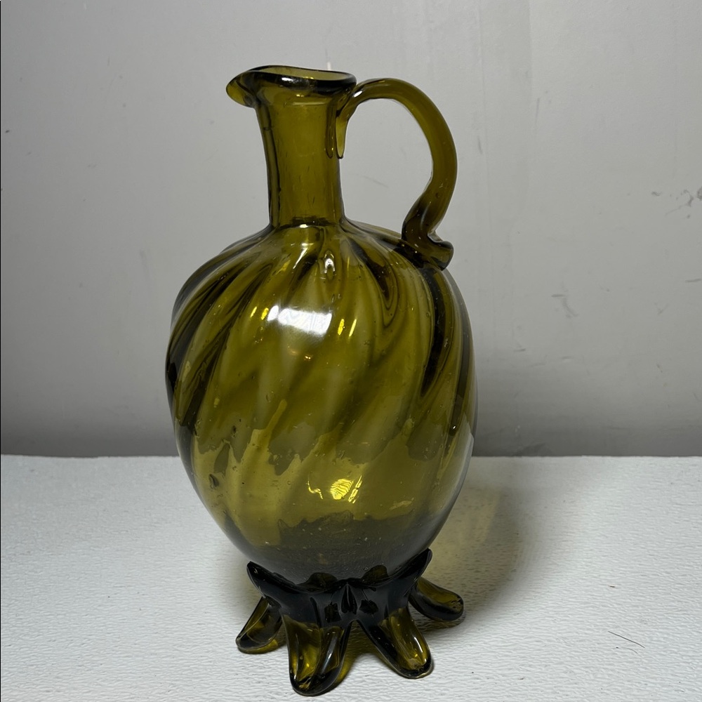 Hand Blown Olive Green Swirled Glass Pitcher/Vase With Feet Unique